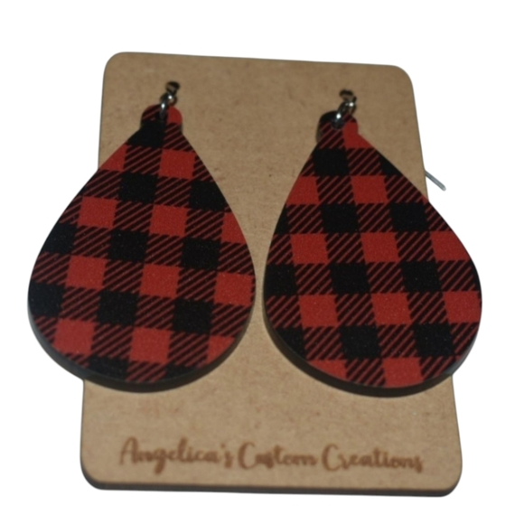 Hand Crafted Jewelry - Buffalo Plaid Wood Drop Earrings